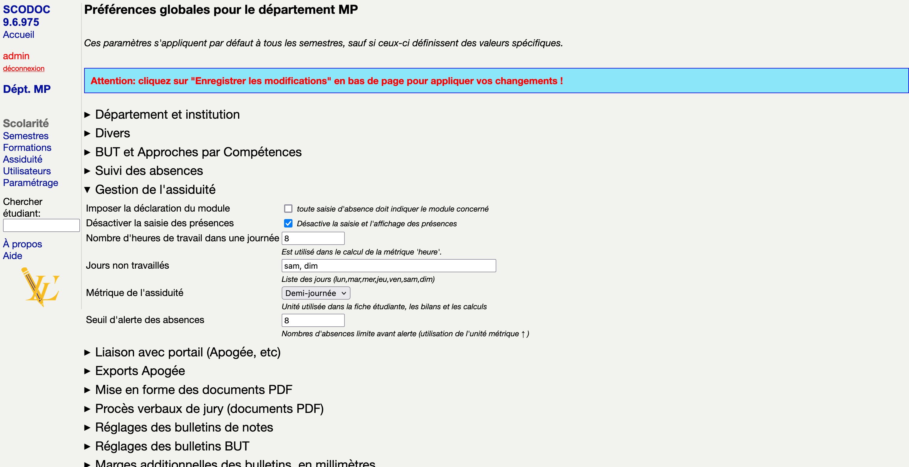 Configuration de l'assiduité : département