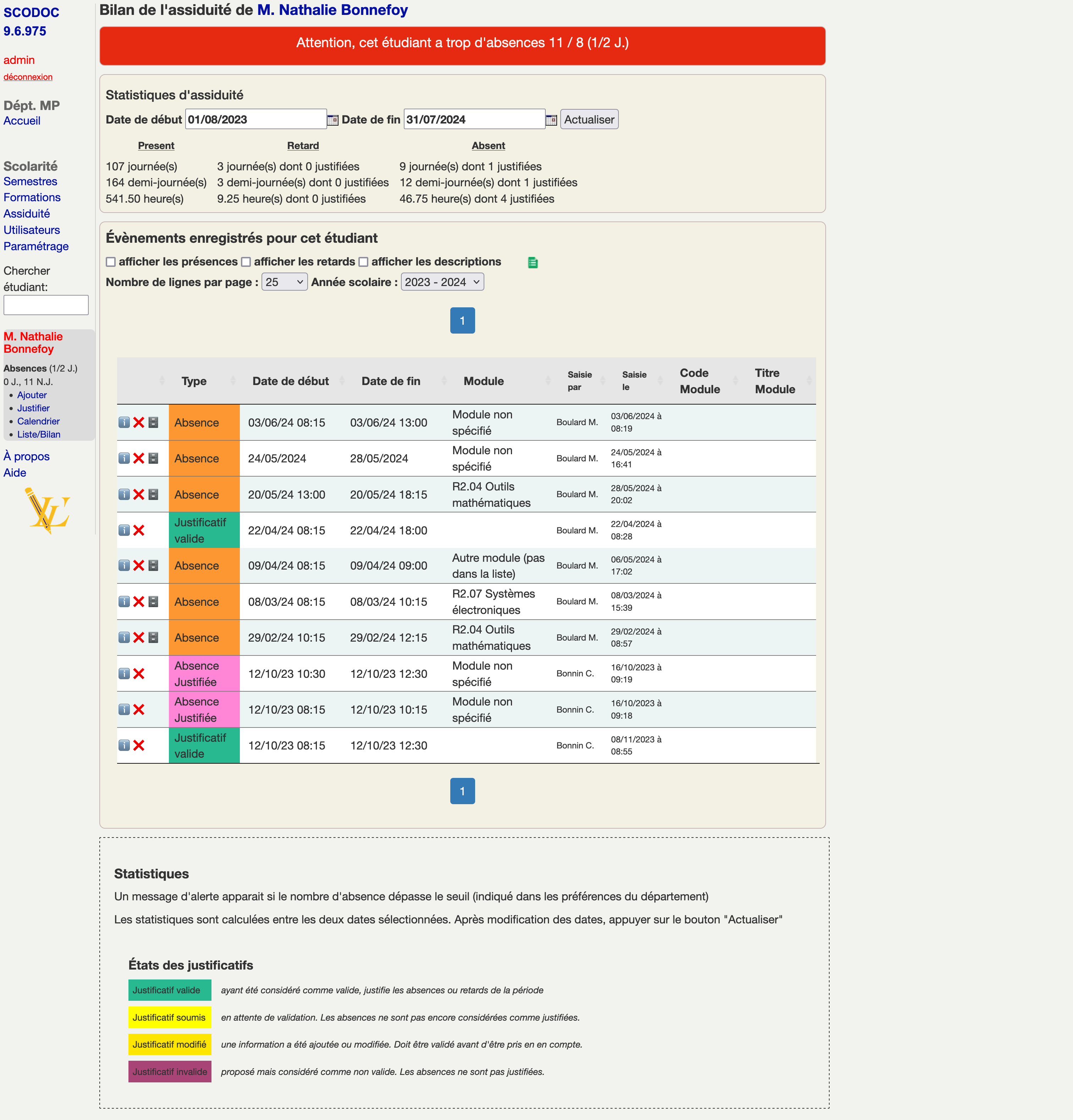 Liste/Bilan de l'assiduité d'un étudiant