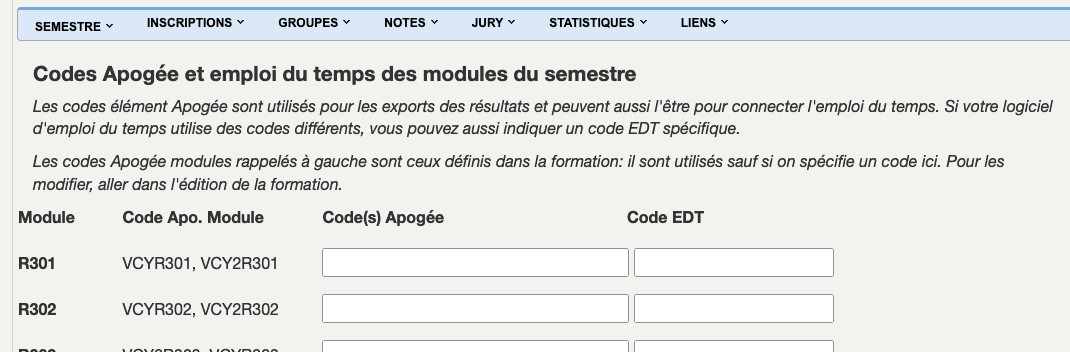 Configuration des codes modules