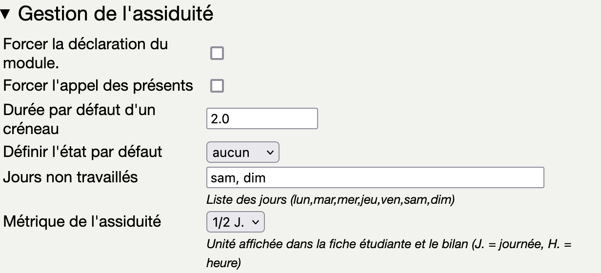 Configuration de l'assiduité : département