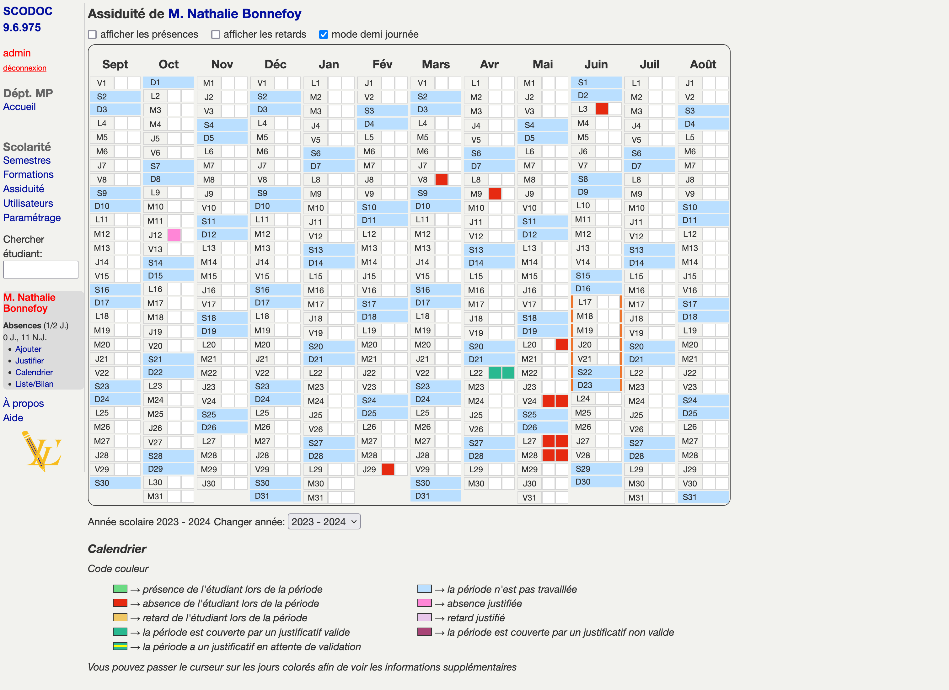 Calendrier de l'Assiduité d'un étudiant