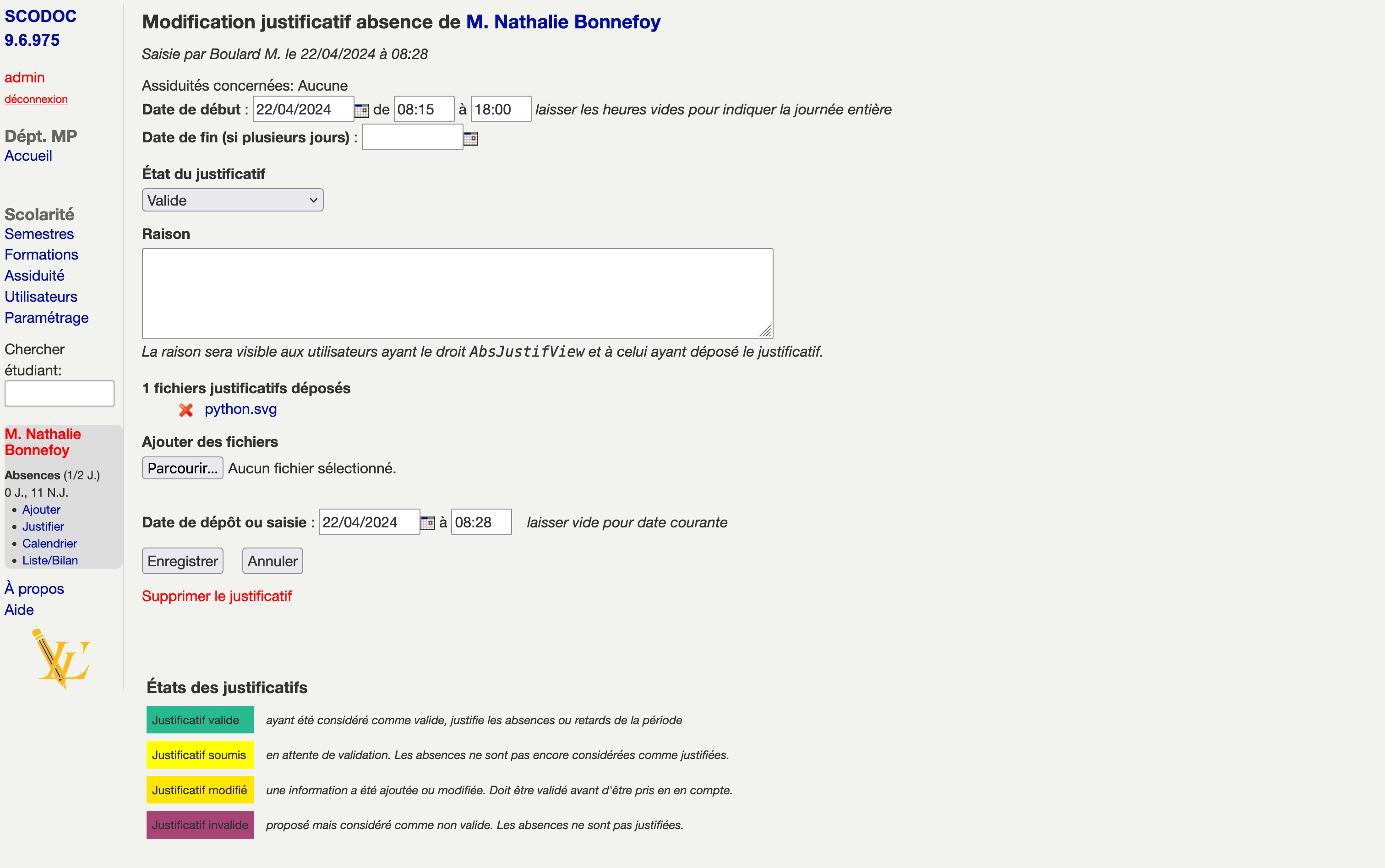 Modification d'un justificatif